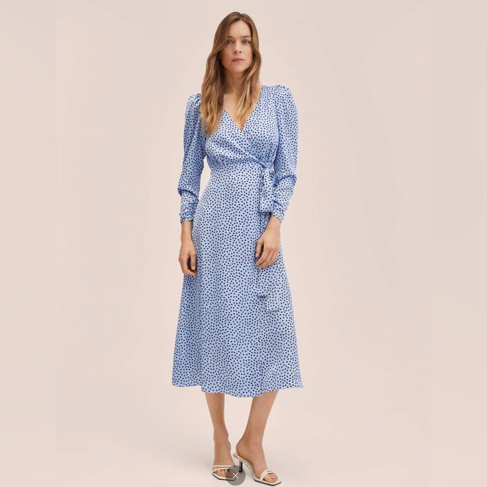 COPY - MANGO Blue wrap dress w/black polka dots. Very pretty dress!